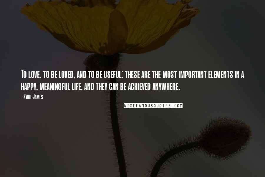 Syrie James quotes: To love, to be loved, and to be useful: these are the most important elements in a happy, meaningful life, and they can be achieved anywhere.