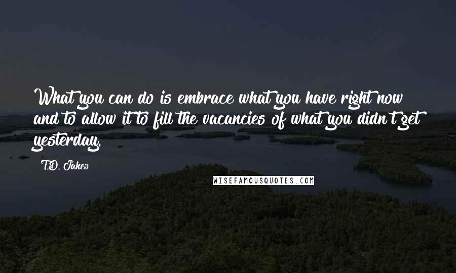 T.D. Jakes quotes: What you can do is embrace what you have right now and to allow it to fill the vacancies of what you didn't get yesterday.