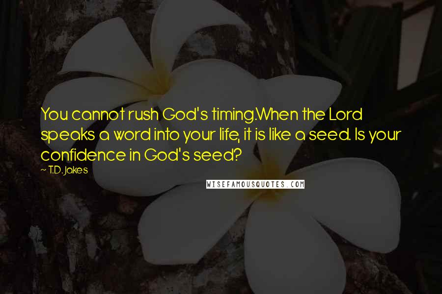 T.D. Jakes quotes: You cannot rush God's timing.When the Lord speaks a word into your life, it is like a seed. Is your confidence in God's seed?