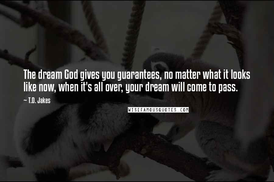 T.D. Jakes quotes: The dream God gives you guarantees, no matter what it looks like now, when it's all over, your dream will come to pass.