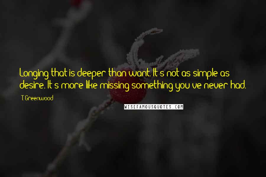 T. Greenwood quotes: Longing that is deeper than want. It's not as simple as desire. It's more like missing something you've never had.