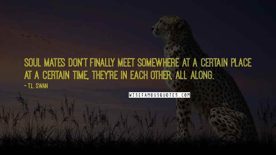 T.L. Swan quotes: Soul mates don't finally meet somewhere at a certain place at a certain time, they're in each other, all along.