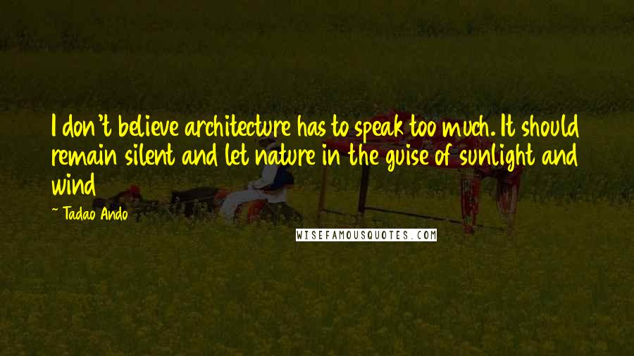 Tadao Ando quotes: I don't believe architecture has to speak too much. It should remain silent and let nature in the guise of sunlight and wind