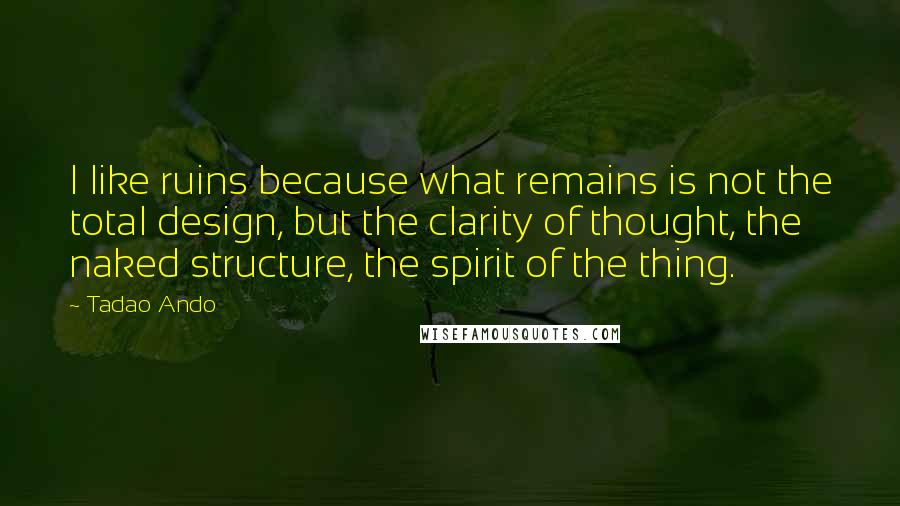 Tadao Ando quotes: I like ruins because what remains is not the total design, but the clarity of thought, the naked structure, the spirit of the thing.