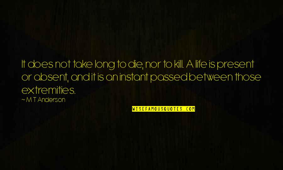 Take A Life Quotes By M T Anderson: It does not take long to die, nor