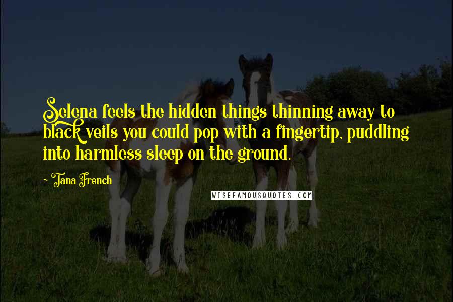 Tana French quotes: Selena feels the hidden things thinning away to black veils you could pop with a fingertip, puddling into harmless sleep on the ground.