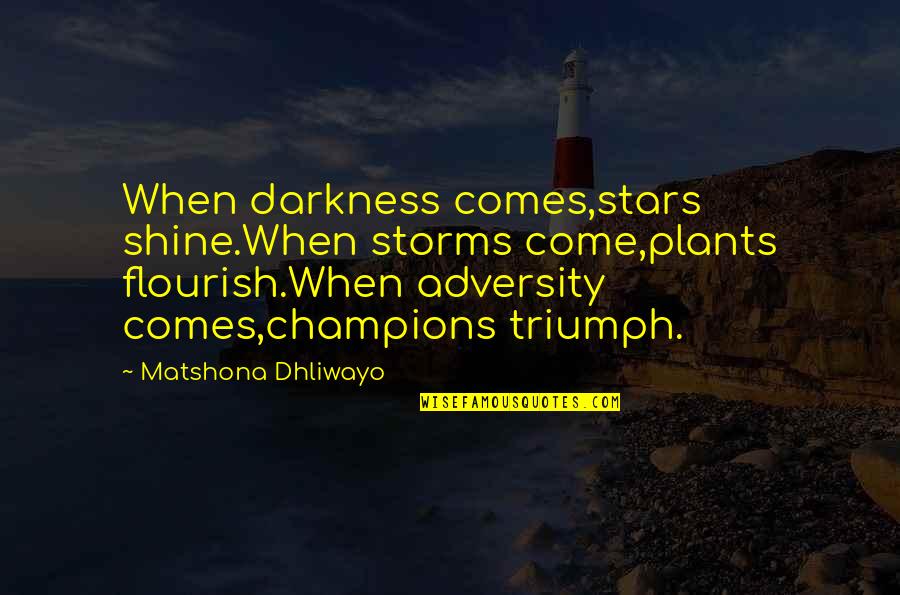 Taniguchi's Quotes By Matshona Dhliwayo: When darkness comes,stars shine.When storms come,plants flourish.When adversity