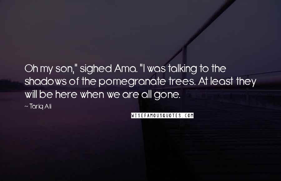 Tariq Ali quotes: Oh my son," sighed Ama. "I was talking to the shadows of the pomegranate trees. At least they will be here when we are all gone.