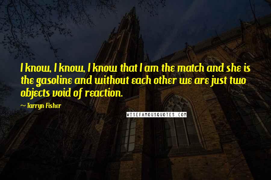 Tarryn Fisher quotes: I know, I know, I know that I am the match and she is the gasoline and without each other we are just two objects void of reaction.