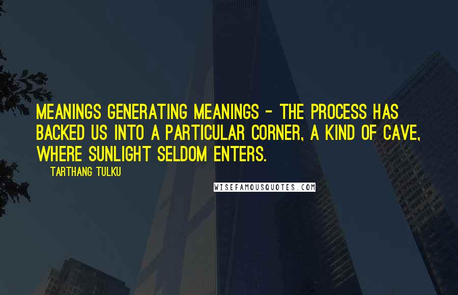 Tarthang Tulku quotes: Meanings generating meanings - the process has backed us into a particular corner, a kind of cave, where sunlight seldom enters.