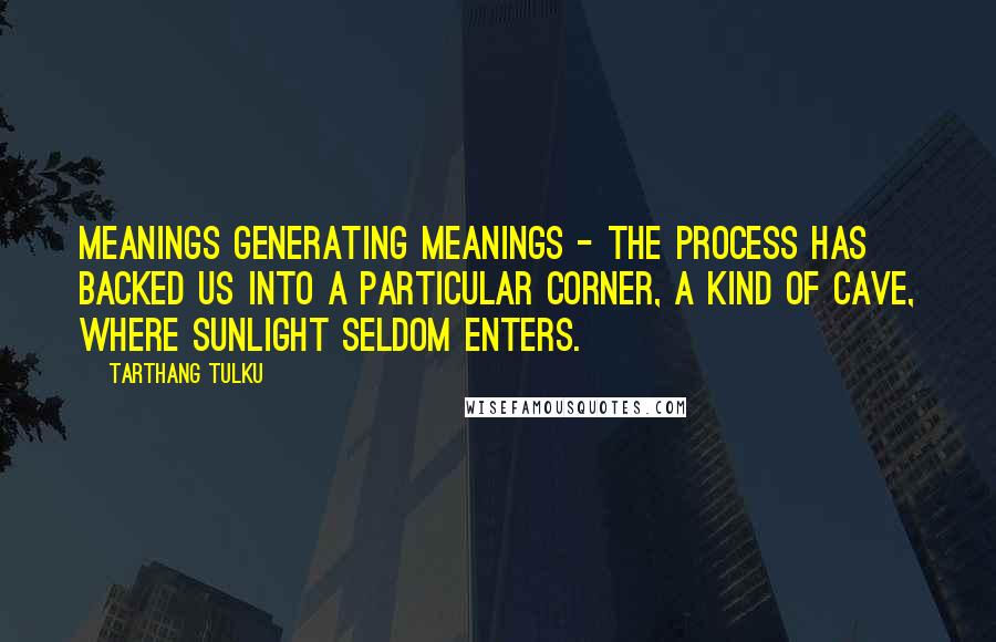 Tarthang Tulku quotes: Meanings generating meanings - the process has backed us into a particular corner, a kind of cave, where sunlight seldom enters. Tarthang Tulku quotes: Meanings generating meanings - the process has backed us into a particular corner, a kind of cave, where sunlight seldom enters.