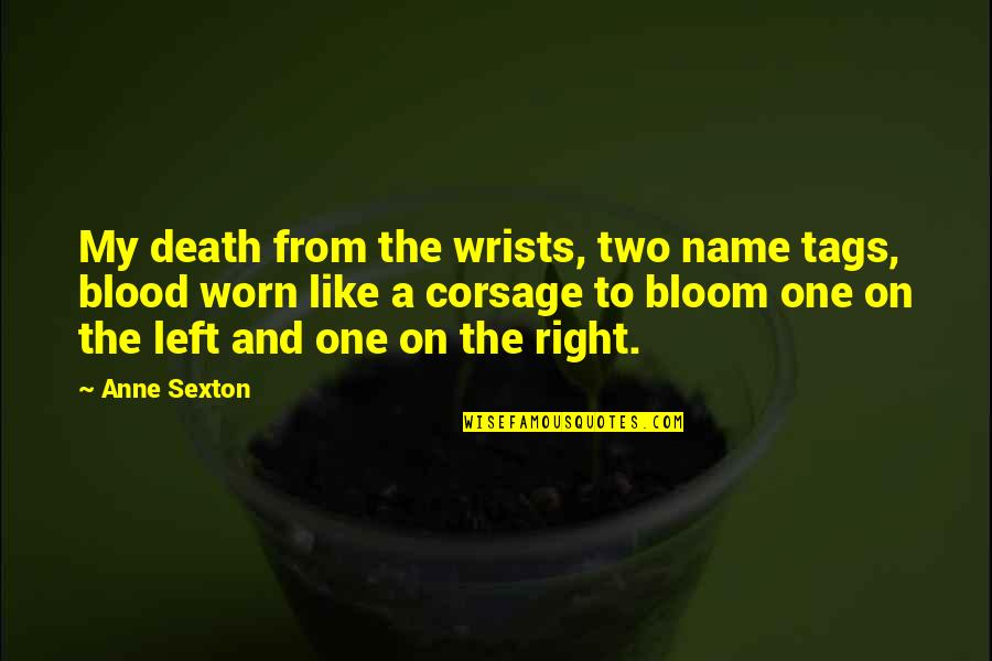 Teckenr Knare Quotes By Anne Sexton: My death from the wrists, two name tags,