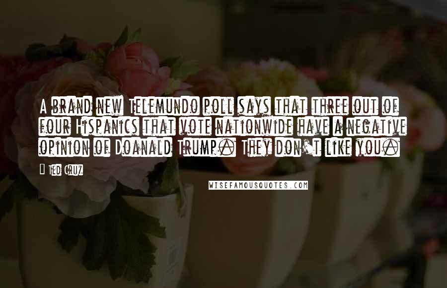 Ted Cruz quotes: A brand new Telemundo poll says that three out of four Hispanics that vote nationwide have a negative opinion of Doanald Trump. They don't like you.