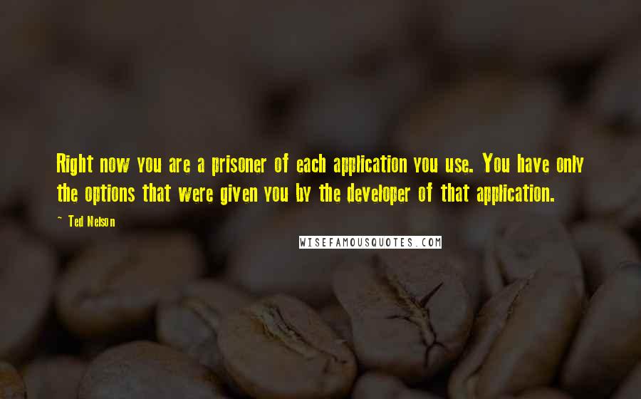 Ted Nelson quotes: Right now you are a prisoner of each application you use. You have only the options that were given you by the developer of that application.
