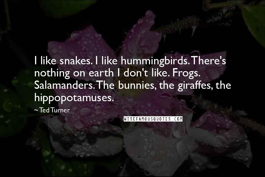 Ted Turner quotes: I like snakes. I like hummingbirds. There's nothing on earth I don't like. Frogs. Salamanders. The bunnies, the giraffes, the hippopotamuses.