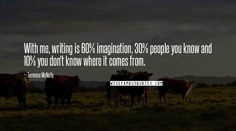 Terrence McNally quotes: With me, writing is 60% imagination, 30% people you know and 10% you don't know where it comes from.