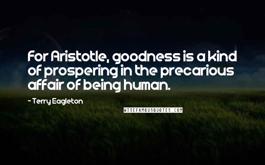 Terry Eagleton quotes: For Aristotle, goodness is a kind of prospering in the precarious affair of being human.