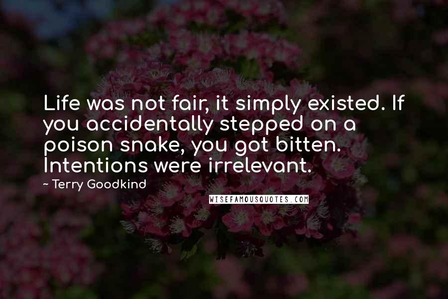 Terry Goodkind quotes: Life was not fair, it simply existed. If you accidentally stepped on a poison snake, you got bitten. Intentions were irrelevant.