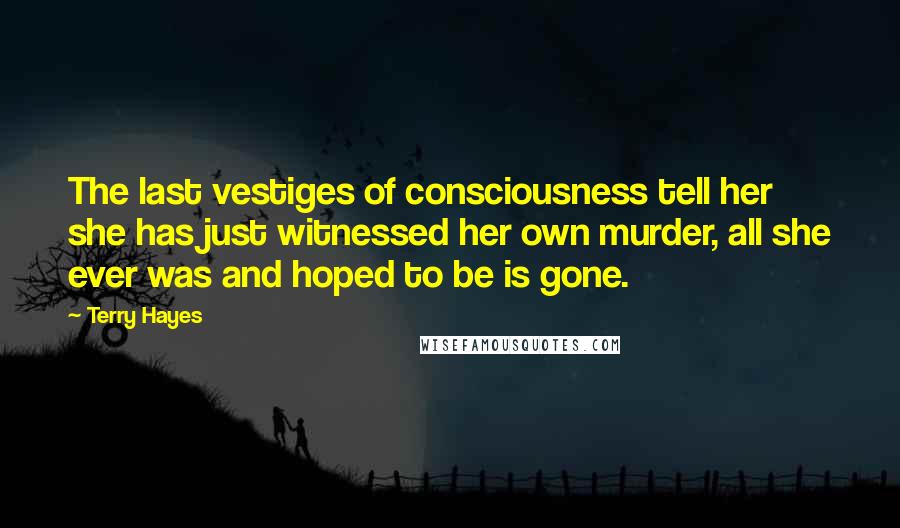 Terry Hayes quotes: The last vestiges of consciousness tell her she has just witnessed her own murder, all she ever was and hoped to be is gone.
