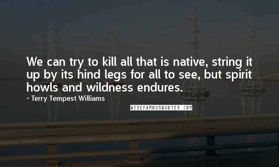 Terry Tempest Williams quotes: We can try to kill all that is native, string it up by its hind legs for all to see, but spirit howls and wildness endures.