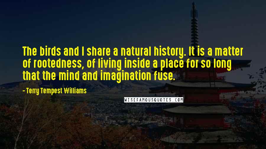 Terry Tempest Williams quotes: The birds and I share a natural history. It is a matter of rootedness, of living inside a place for so long that the mind and imagination fuse.