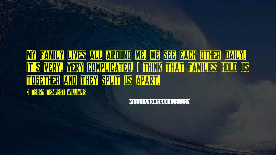 Terry Tempest Williams quotes: My family lives all around me. We see each other daily. It's very, very complicated. I think that families hold us together and they split us apart.