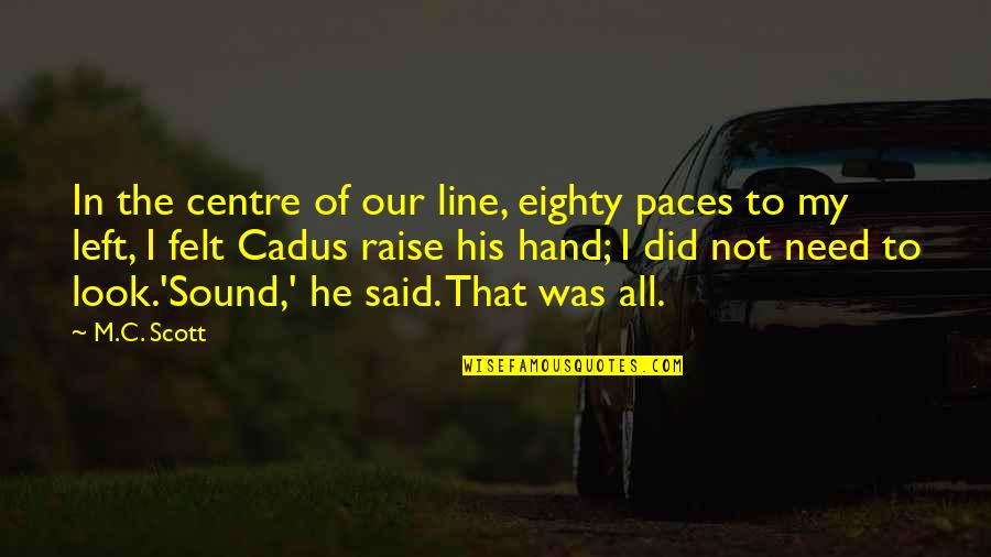 The Black Cauldron Book Quotes By M.C. Scott: In the centre of our line, eighty paces The Black Cauldron Book Quotes By M.C. Scott: In the centre of our line, eighty paces
