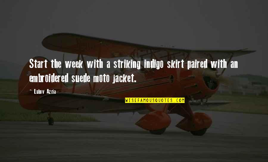 The Moto Quotes By Lubov Azria: Start the week with a striking indigo skirt