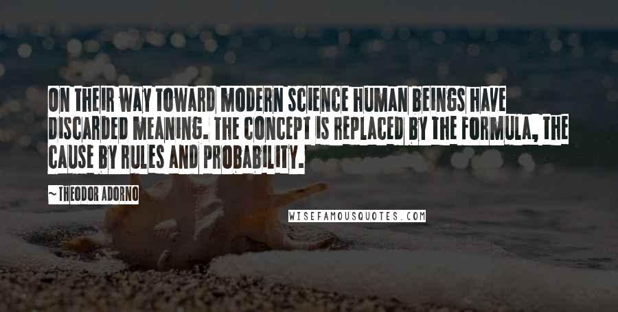 Theodor Adorno quotes: On their way toward modern science human beings have discarded meaning. The concept is replaced by the formula, the cause by rules and probability.