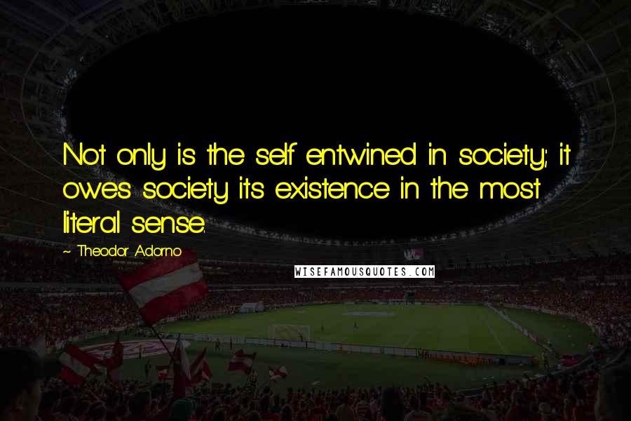 Theodor Adorno quotes: Not only is the self entwined in society; it owes society its existence in the most literal sense.