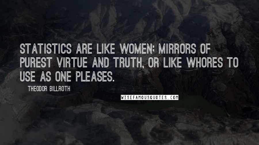 Theodor Billroth quotes: Statistics are like women; mirrors of purest virtue and truth, or like whores to use as one pleases.