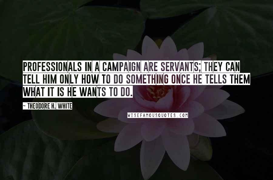 Theodore H. White quotes: Professionals in a campaign are servants; they can tell him only how to do something once he tells them what it is he wants to do.