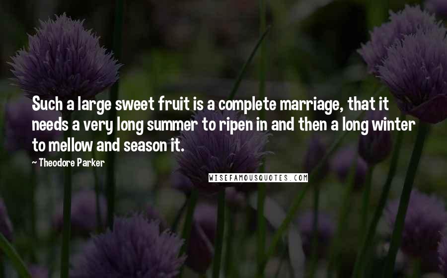 Theodore Parker quotes: Such a large sweet fruit is a complete marriage, that it needs a very long summer to ripen in and then a long winter to mellow and season it.