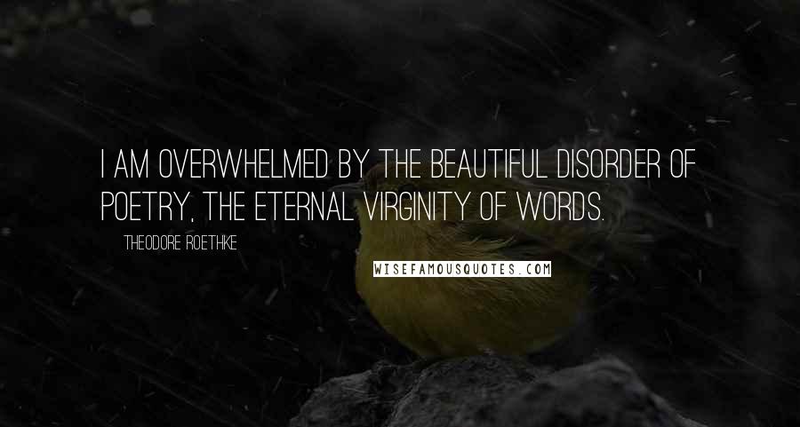 Theodore Roethke quotes: I am overwhelmed by the beautiful disorder of poetry, the eternal virginity of words.