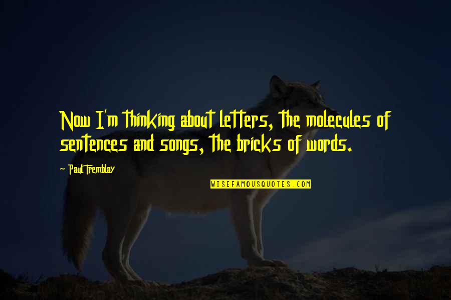 Theologue Quotes By Paul Tremblay: Now I'm thinking about letters, the molecules of Theologue Quotes By Paul Tremblay: Now I'm thinking about letters, the molecules of