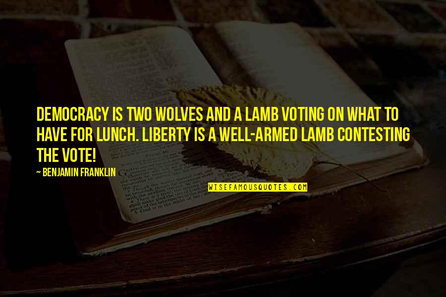 There Are Two Wolves Quotes By Benjamin Franklin: Democracy is two wolves and a lamb voting