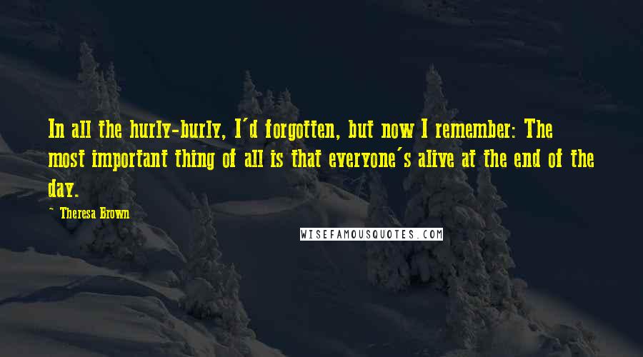 Theresa Brown quotes: In all the hurly-burly, I'd forgotten, but now I remember: The most important thing of all is that everyone's alive at the end of the day.
