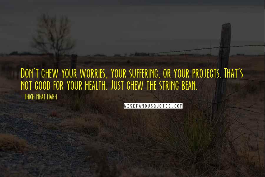 Thich Nhat Hanh quotes: Don't chew your worries, your suffering, or your projects. That's not good for your health. Just chew the string bean.