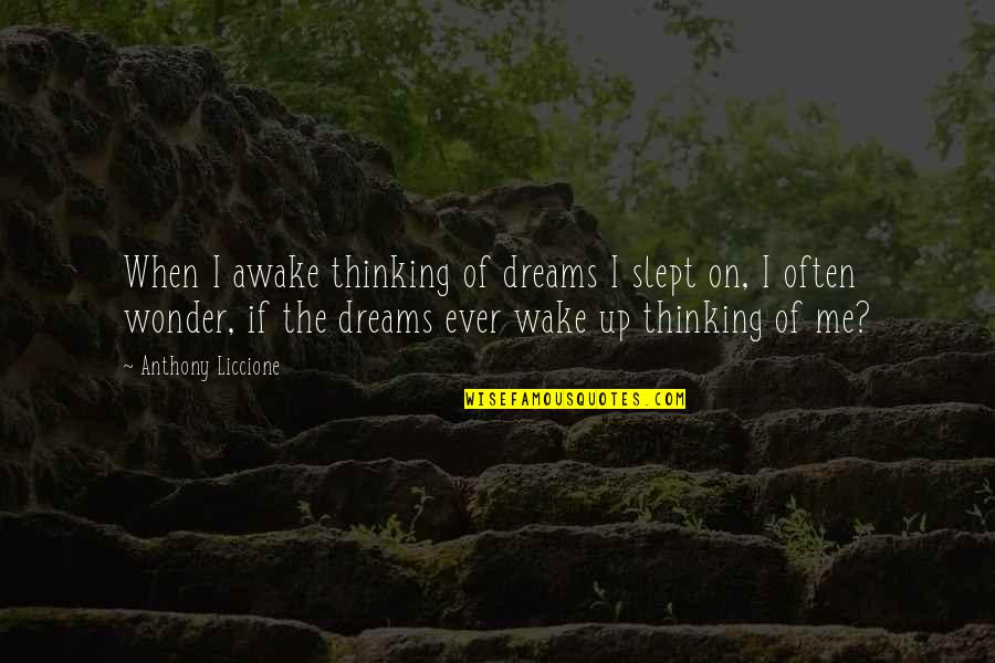 Thinking And Dreaming Quotes By Anthony Liccione: When I awake thinking of dreams I slept