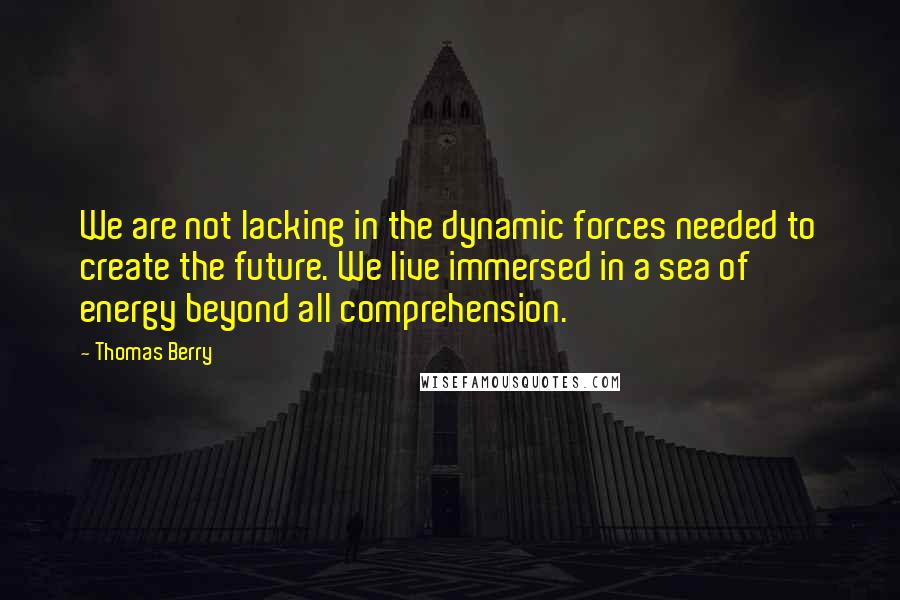 Thomas Berry quotes: We are not lacking in the dynamic forces needed to create the future. We live immersed in a sea of energy beyond all comprehension.