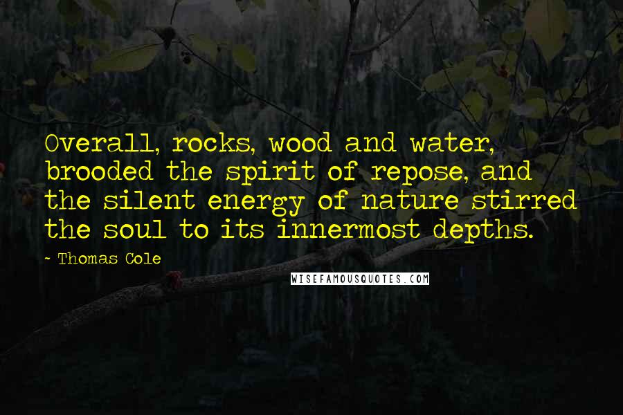 Thomas Cole quotes: Overall, rocks, wood and water, brooded the spirit of repose, and the silent energy of nature stirred the soul to its innermost depths.