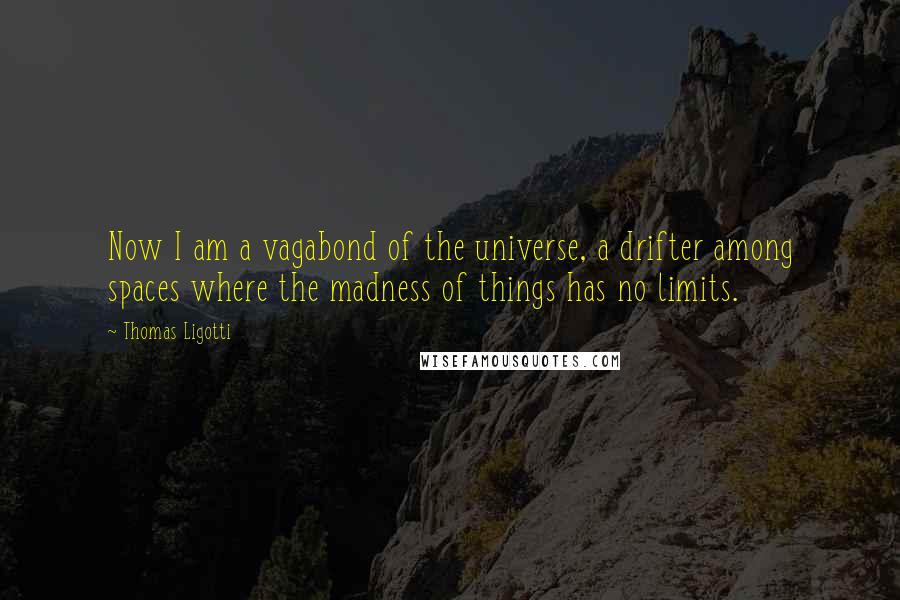 Thomas Ligotti quotes: Now I am a vagabond of the universe, a drifter among spaces where the madness of things has no limits. Thomas Ligotti quotes: Now I am a vagabond of the universe, a drifter among spaces where the madness of things has no limits.