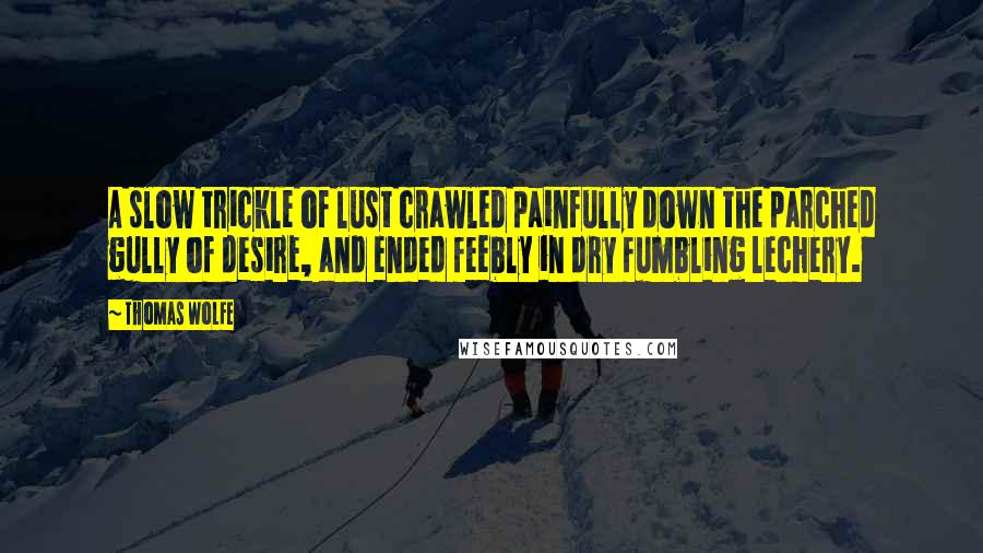 Thomas Wolfe quotes: A slow trickle of lust crawled painfully down the parched gully of desire, and ended feebly in dry fumbling lechery.