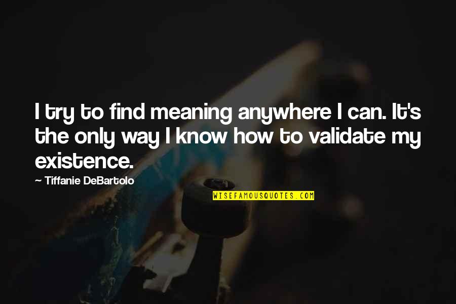 Tiffanie Quotes By Tiffanie DeBartolo: I try to find meaning anywhere I can.