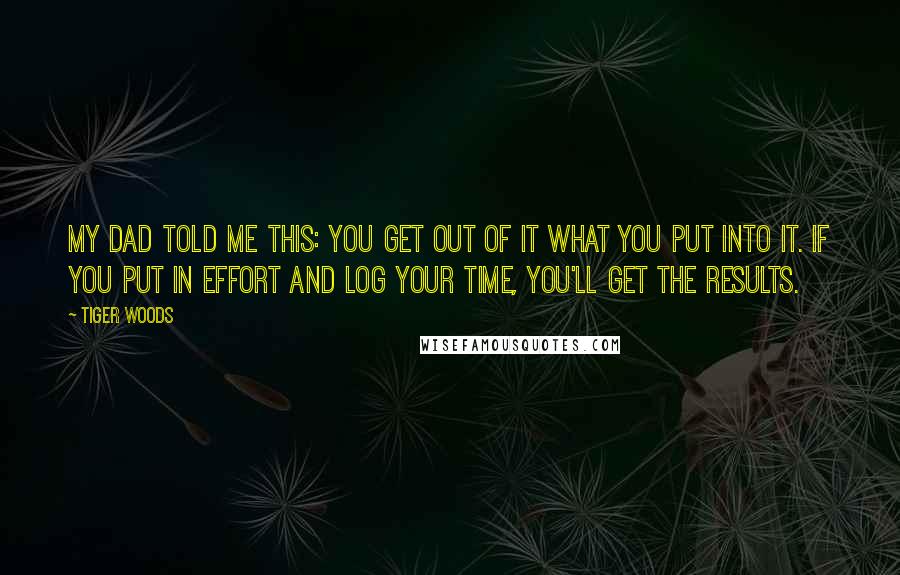 Tiger Woods quotes: My dad told me this: You get out of it what you put into it. If you put in effort and log your time, you'll get the results. Tiger Woods quotes: My dad told me this: You get out of it what you put into it. If you put in effort and log your time, you'll get the results.