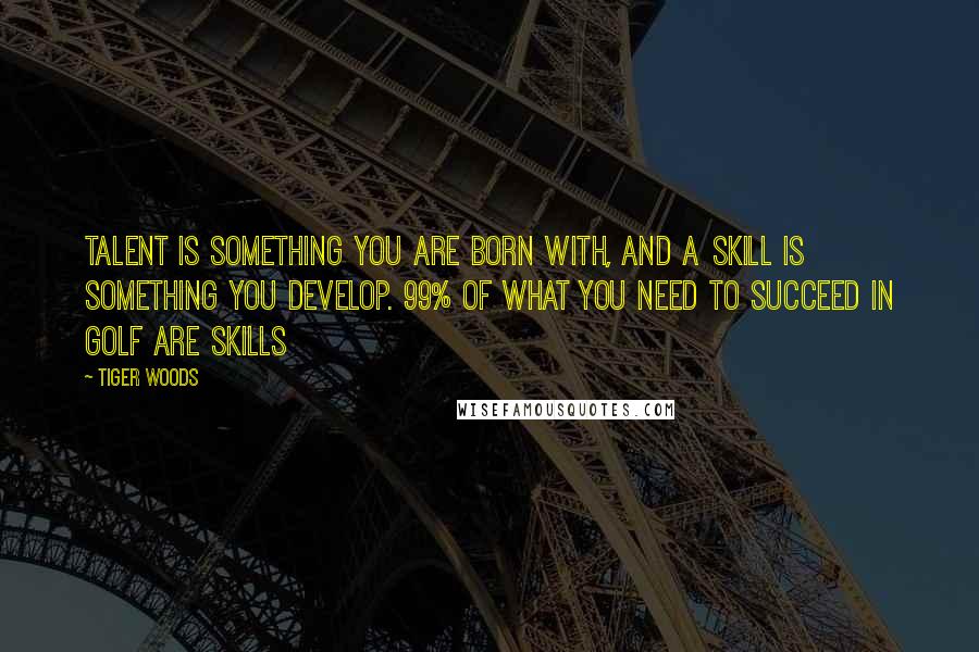 Tiger Woods quotes: Talent is something you are born with, and a skill is something you develop. 99% of what you need to succeed in golf are skills Tiger Woods quotes: Talent is something you are born with, and a skill is something you develop. 99% of what you need to succeed in golf are skills