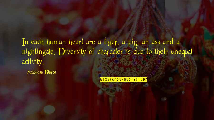 Tikrasis Quotes By Ambrose Bierce: In each human heart are a tiger, a Tikrasis Quotes By Ambrose Bierce: In each human heart are a tiger, a