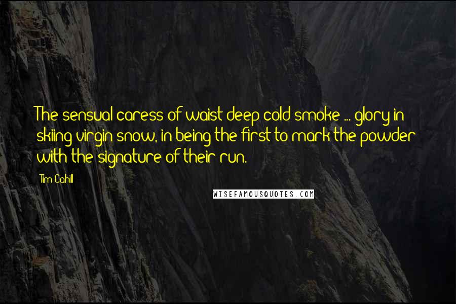 Tim Cahill quotes: The sensual caress of waist deep cold smoke ... glory in skiing virgin snow, in being the first to mark the powder with the signature of their run.