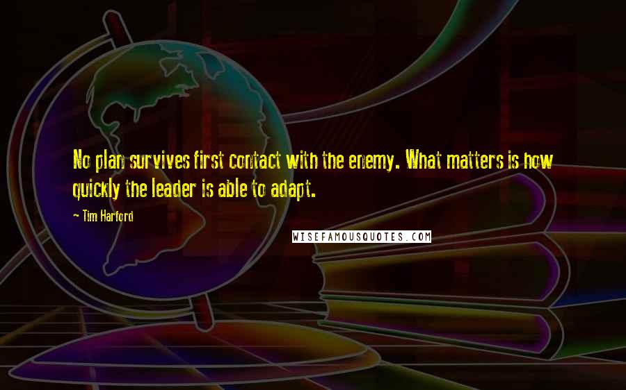 Tim Harford quotes: No plan survives first contact with the enemy. What matters is how quickly the leader is able to adapt. Tim Harford quotes: No plan survives first contact with the enemy. What matters is how quickly the leader is able to adapt.