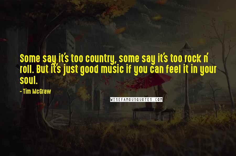 Tim McGraw quotes: Some say it's too country, some say it's too rock n' roll. But it's just good music if you can feel it in your soul.